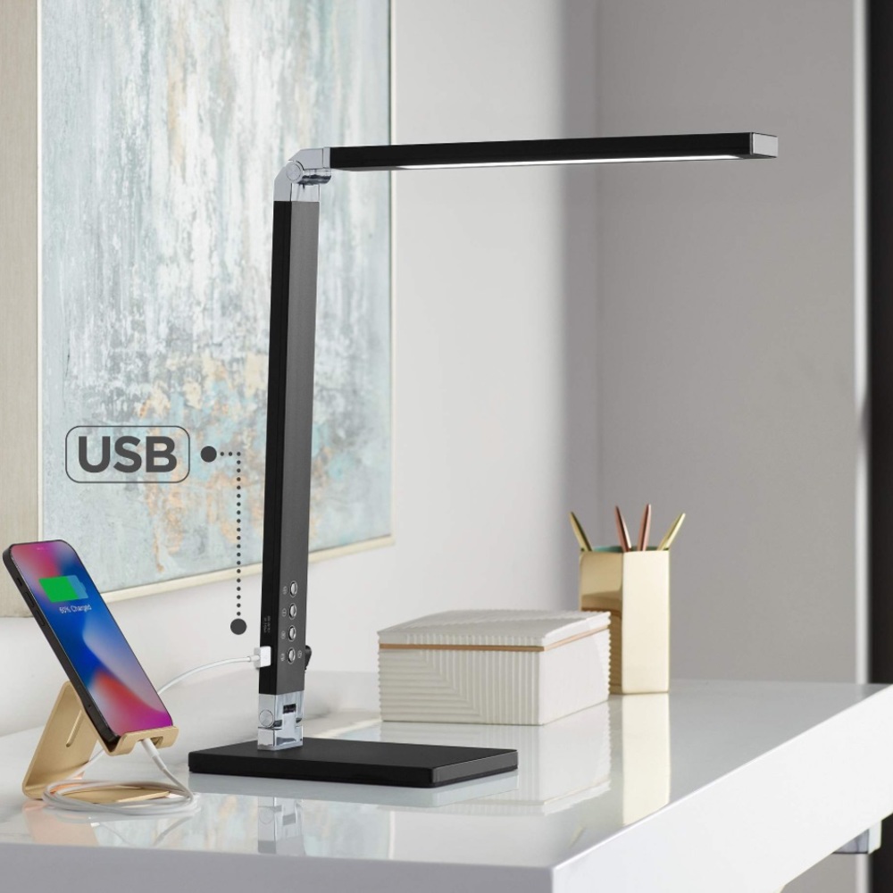 Jett Black Finish Modern LED Desk Lamp with USB Port and Night Light